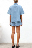 Casual Solid Color Distressed Draw String Pocket Turndown Collar Short Sleeve Two Pieces