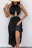 Sexy Vacation Solid Color Patchwork Belted Halter Sleeveless Dresses