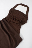 Sexy Solid Color Ruched Irregular Mesh Halter Long Dresses