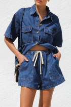 Casual Solid Color Distressed Draw String Pocket Turndown Collar Short Sleeve Two Pieces