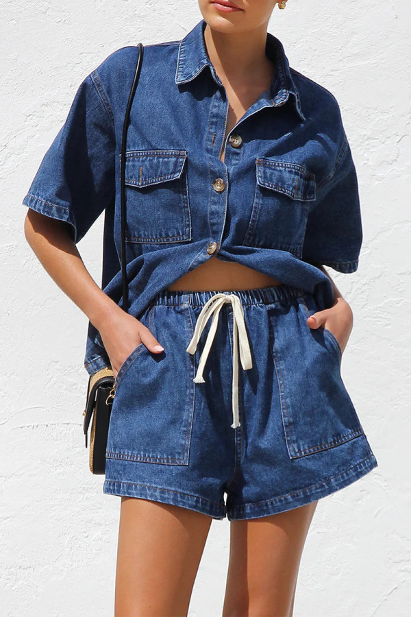 Casual Solid Color Distressed Draw String Pocket Turndown Collar Short Sleeve Two Pieces