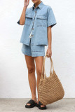 Casual Solid Color Distressed Draw String Pocket Turndown Collar Short Sleeve Two Pieces
