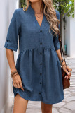 Casual Solid Color Distressed Buttons V Neck A Line Dresses
