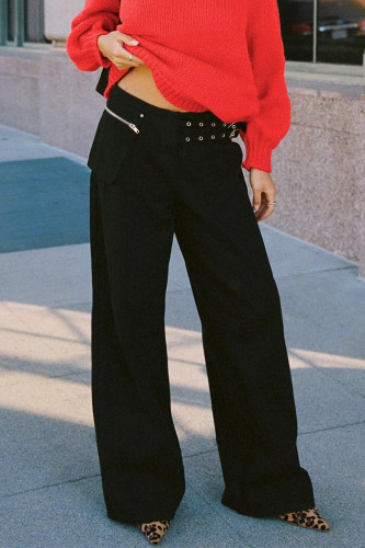 Casual Solid Color Pocket Adjustable Loose Low Waist Straight Solid Color Bottoms