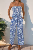 Casual Geometric Print Lace Up Strapless Loose Jumpsuits
