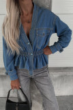 Casual Solid Color Buttons V Neck Long Sleeve Loose Denim Jacket