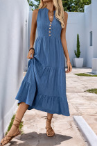 Casual Solid Color Distressed Buttons V Neck Sleeveless Dresses