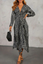 Elegant Geometric Print Irregular Contrast V Neck Irregular Dresses