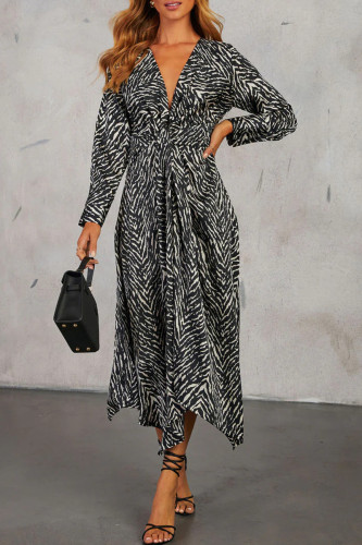 Elegant Geometric Print Irregular Contrast V Neck Irregular Dresses
