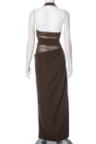 Sexy Solid Color Ruched Irregular Mesh Halter Long Dresses