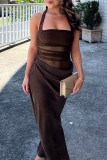 Sexy Solid Color Ruched Irregular Mesh Halter Long Dresses