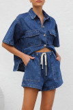 Casual Solid Color Distressed Draw String Pocket Turndown Collar Short Sleeve Two Pieces