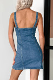 Sexy Solid Color Buckle V Neck Sleeveless Regular Denim Dresses