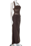 Sexy Solid Color Ruched Irregular Mesh Halter Long Dresses