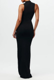 Casual Solid Color Ruched O Neck Long Dresses