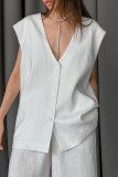 Casual Solid Color Pocket Buttons V Neck Sleeveless Two Pieces