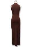 Casual Solid Color Ruched O Neck Long Dresses