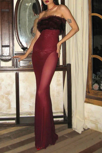 Sexy Solid Color See-Through Feather Trim Strapless Long Dresses