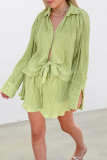 Sexy Solid Color Lace Up Pleated Turndown Collar Long Sleeve Two Pieces