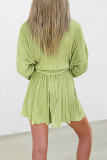 Sexy Solid Color Lace Up Pleated Turndown Collar Long Sleeve Two Pieces