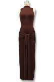 Casual Solid Color Ruched O Neck Long Dresses