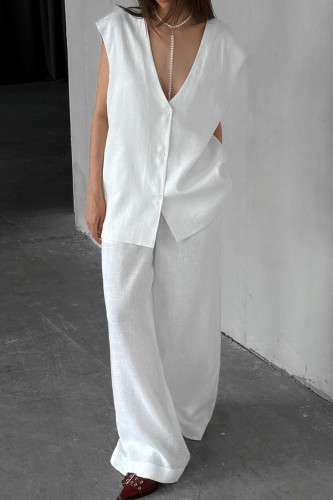 Casual Solid Color Pocket Buttons V Neck Sleeveless Two Pieces