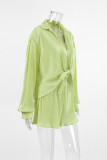 Sexy Solid Color Lace Up Pleated Turndown Collar Long Sleeve Two Pieces