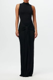 Casual Solid Color Ruched O Neck Long Dresses