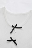 Sexy Solid Color Bow Decor Contrast O Neck Tops