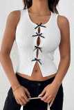 Sexy Solid Color Bow Decor Contrast O Neck Tops