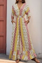 Boho Geometric Print Flowers Flounce Contrast V Neck Loose Jumpsuits