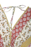 Boho Geometric Print Flowers Flounce Contrast V Neck Loose Jumpsuits