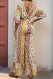 Boho Geometric Print Flowers Flounce Contrast V Neck Loose Jumpsuits