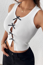 Sexy Solid Color Bow Decor Contrast O Neck Tops