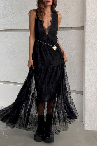 Sexy Solid Color Lace V Neck Lace Dress Dresses