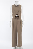 Street Solid Color Pocket Buttons Irregular Sleeveless Two Pieces