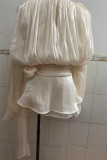 Elegant Solid Color Lace Up Flounce O Neck Long Sleeve Two Pieces