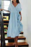 Daily Solid Color Lace Up V Neck A Line Short Sleeve Dress