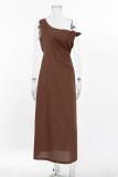 Casual Solid Color Irregular Oblique Collar One Step Skirt Dresses