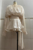 Elegant Solid Color Lace Up Flounce O Neck Long Sleeve Two Pieces