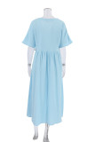 Daily Solid Color Lace Up V Neck A Line Short Sleeve Dress