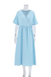 Daily Solid Color Lace Up V Neck A Line Short Sleeve Dress