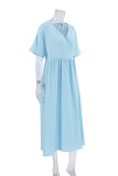 Daily Solid Color Lace Up V Neck A Line Short Sleeve Dress