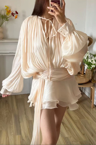 Elegant Solid Color Lace Up Flounce O Neck Long Sleeve Two Pieces
