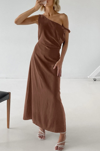 Casual Solid Color Irregular Oblique Collar One Step Skirt Dresses