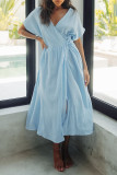 Daily Solid Color Lace Up V Neck A Line Short Sleeve Dress