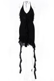 Sexy Solid Color Backless Irregular Flounce Halter Irregular Dresses