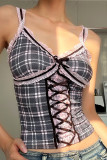 Sexy Plaid Lace Patchwork Contrast V Neck Tops