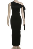 Sexy Solid Color Lace Up Irregular Sloping Shoulder Long Dresses
