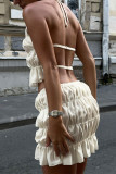 Sexy Solid Color Backless Ruched Adjustable Halter Sleeveless Two Pieces